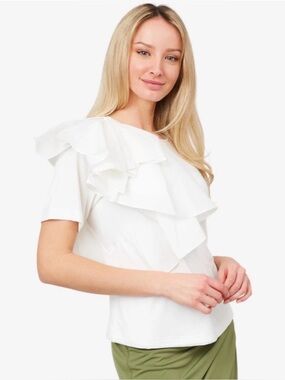 NEW Badgley Mischka White Ruffle Short-Sleeve Top (L)